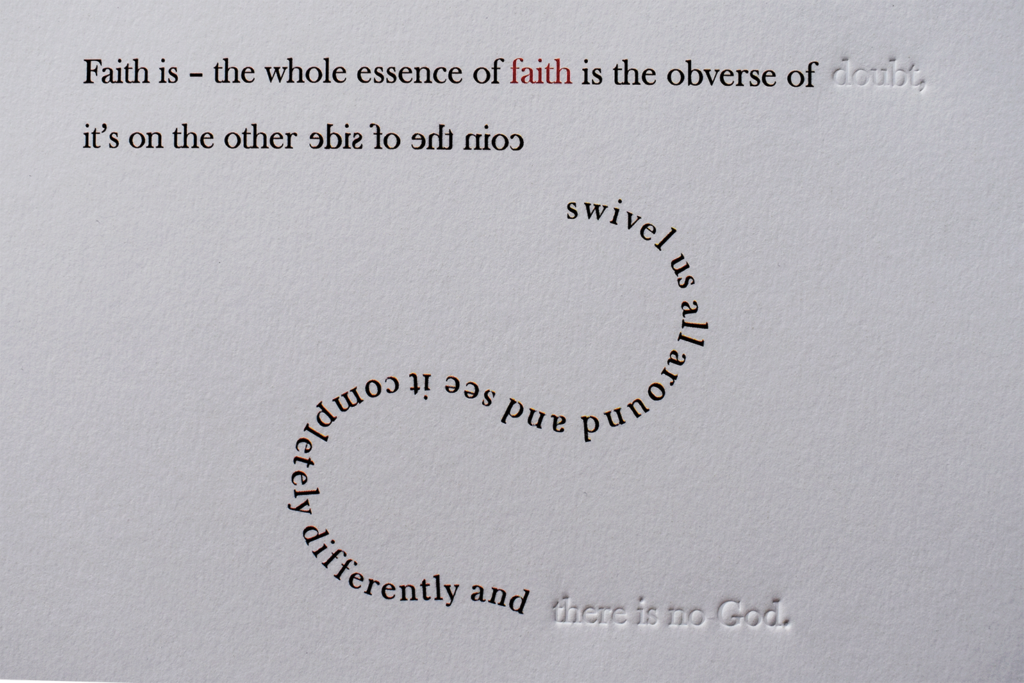 Detail of an A3 print of concrete poetry with black, red and inklessly debossed words against a white brick background
